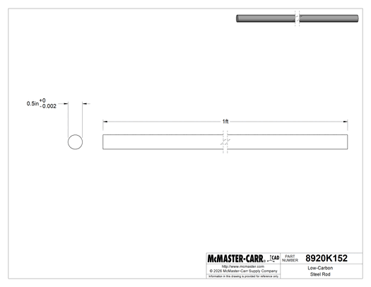 Technical drawing of Low-Carbon Steel Rod, 1/2" Diameter, Cold Worked.